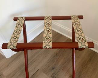 A26 - $40. Vintage Scheibe Wooden Folding Luggage Rack. Floral Tapestry Woven Straps. Measures 22.5" x 17" x 19.5" tall.