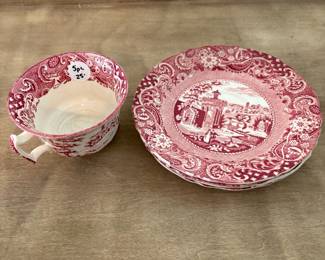 A44 - $25. 5 Pc Red transferware. 1 cup, 4 saucers.