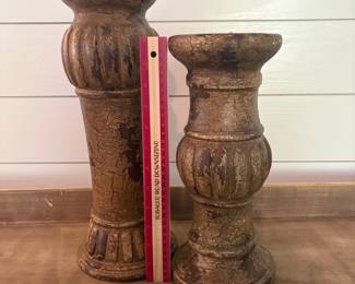 A15 - $30. Pair of Vintage Style Pillar Candle Holders. They measure 12" & 14.5" tall. Made from ceramic material.
