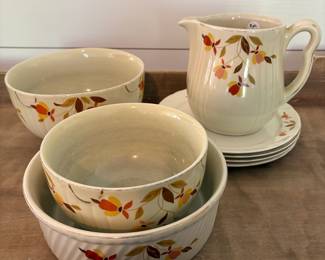 A34 - $20. 8 Pc. Halls Superior China Set. All pieces show wear, lots of gold flaking and crazing.