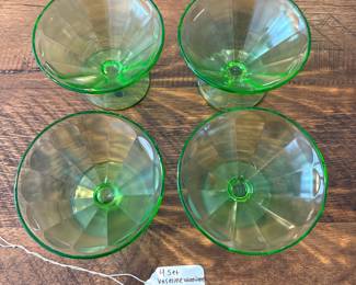 A42 - $30. Set of 4 Vaseline Uranium Glass Sherbet Dishes. 4" across x 3" tall.