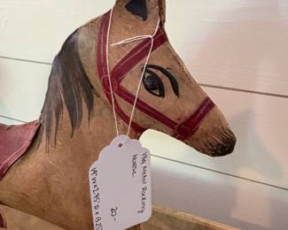 A45 - $20. Vintage Reproduction Metal Rocking Horse. Measures 14" x 2.75" x 13.25" tall.