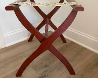 A26 - $40. Vintage Scheibe Wooden Folding Luggage Rack. Floral Tapestry Woven Straps. Measures 22.5" x 17" x 19.5" tall.