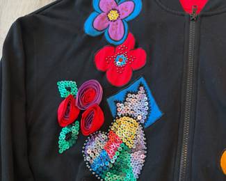 A93 - $30. Vintage Carole Little Glitzy Embellished Zip-Front Sweatshirt. Size small.