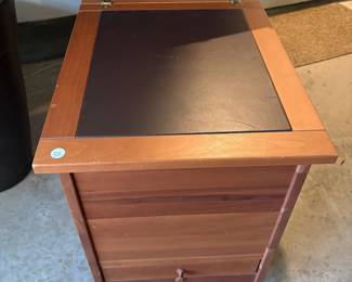 A88 - $30. Rolling Filing Cabinet with Lifting Lid and single small drawer. Measures 16.25" x 23.25" x 19.75" tall.