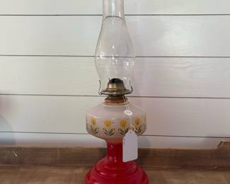A41 - $20. Oil Lamp with globe. Measures 20" tall.