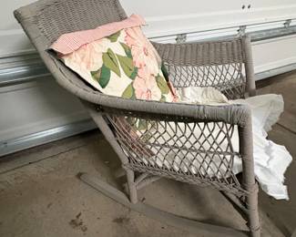 A78 - $75. Antique Wicker Chair painted Grey. Measures 28.5" wide x 34" x 33" tall.