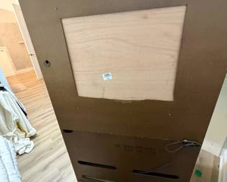 A49 - $100. Solid Wood Armoire with whitewash finish and floral design. Measures 43.75" x 22.25" x 76" tall. Doors slide into the cabinet.