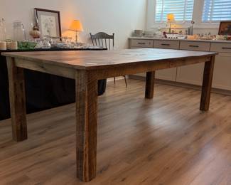 A4 - $750. Custom Made Farmhouse Style Dining Table. Made from Wood Reclaimed from NC Barns. Measures 89.5" x 40" x 30" tall. Very sturdy! Overall excellent condition - made from reclaimed wood so it does have some natural imperfections.