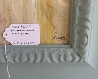 A28 - $35. "Trois Bijoux" by Dupree. Art Deco Texturized Canvas Giglee. Measures 30.75" x 38.75".