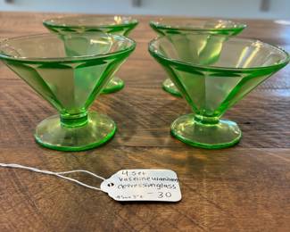 A42 - $30. Set of 4 Vaseline Uranium Glass Sherbet Dishes. 4" across x 3" tall.