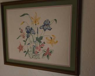 hand-stitched floral cross-stitch needlework picture
