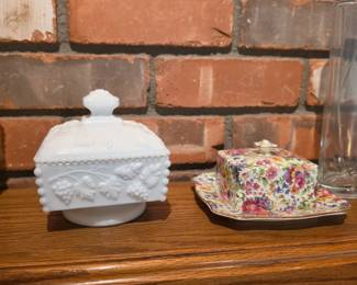 Floral porcelain covered butter dish with tray