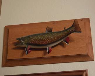mounted trout on wood plaque