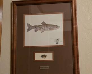 Framed steelhead artwork with mounted fly