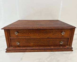 Lot 8920 Antique Wooden TwoDrawer Table Top Spool Cabinet Sewing Storage