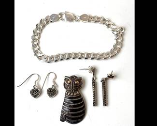 Lot 9107 Sterling Silver Jewelry Cat Brooch Earrings Chain Bracelet