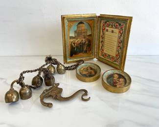 Lot 8830 Vintage Italian Florentine Marriage BlessingFramed Art Diwali New Year Brass Bells