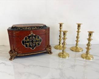 Lot 8736 Vintage Baldwin Brass Candle Stick Holders Hinged Storage Box