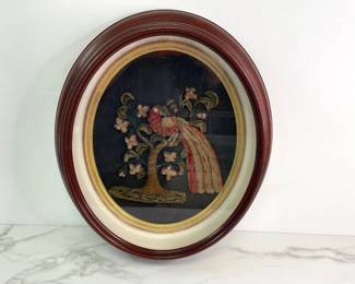 Lot 8705 Antique Turkey Work Textured Stumpwork Raised Embroidery Bird on Cherry Blossom Tree Textile Art