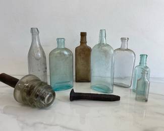 Lot 8832 Vintage Colored Glass BottlesGlass InsulatorRailroad Spike