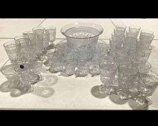 Lot 9083 Cape Cod Glass Punch Bowl Platter Cups Goblets