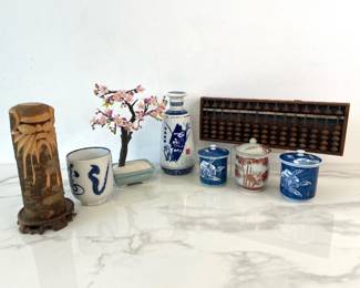 Lot 8747 Vintage Wooden Abacus Cherry Blossom Bonsai Porcelain Jars Sake Bottle Hand Carved Wooden Face Sculpture Art
