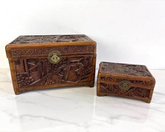Lot 8720 Pair of Hand Carved Camphor Wood Storage Boxes
