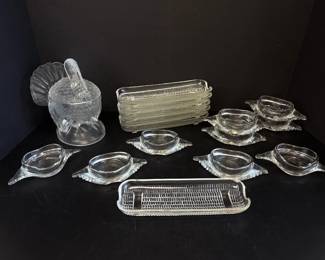 Lot 8741 Vintage Turkey Candy Dish Corn Cob Plates Glasbake Deviled Crab Baking Dishes
