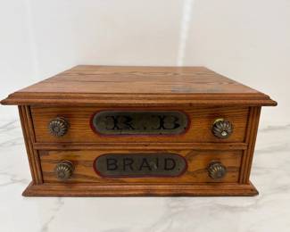 Lot 8917 Antique R. B. Braid 2Drawer Table Top Spool Cabinet Sewing Storage