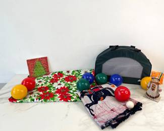 Lot 8748 Bocce Ball Set Vintage Christmas Tablecloth Batik Textile Folk Art Doll