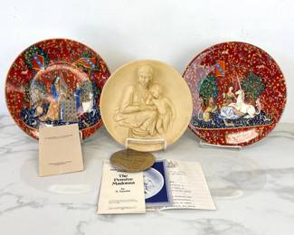 Lot 9040 Haviland Parlon Unicorn Plates Ado Santini Handmade Pensive Madonna Wall Hanging