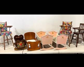 Lot 8844 Vintage Pretend Play Toys Wood Doll Furniture CradlesHigh Chairs Whitney Bros ND Cass Co