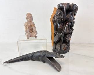 Lot 8781 Handcarved African Blackwood Tree of Life Carved Crocodile Carved Stone Thinking Man