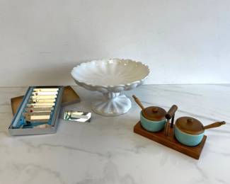 Lot 8835 Vintage Italian Ceramic Pedestal Fruit Bowl Glass Mirror Place Cards MCM Ceramic Wood Condiment Set