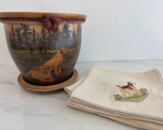 Lot 9057 Signed Handpainted Dog Planter Pot Embroidered Dog Napkins