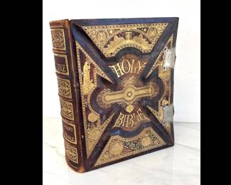 Lot 8899 Antique 19th century Family Bible Embossed Leather Covers w Clasps. Color plates