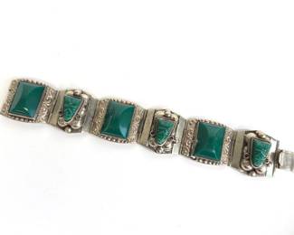 Lot 8856 Vintage Sterling Silver Taxco Mexican Green Onyx Aztec Warrior Bracelet Jewelry