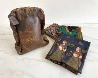 Lot 9130 Pinched Studio Pottery for Dried Flower Arrangement Holder Signed Mostrom Batik Scarves Kalamkari Scarf