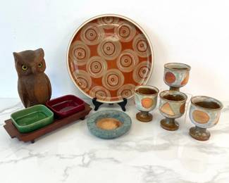 Lot 8746 Studio Pottery Mugs Denby Serving Platter Marble Wine Coaster Hand Carved Owl