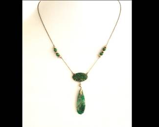 Lot 8999 14K Gold Art Deco Jadeite Stone Necklace Jewelry