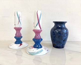 Lot 8740 Harry Besett Signed Art Glass Candle Holders Seagrove Pottery Uwharrie Crystalline Vase
