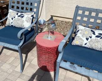 Two Metal Lawn Chairs, Table, And Decor