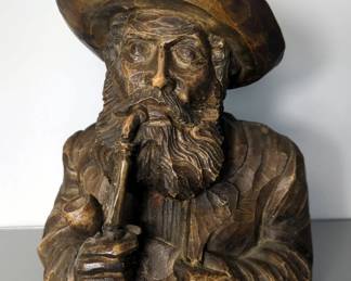 Hand Carved Wooden Bearded Man Smoking Pipe Bust