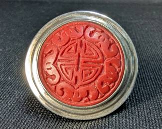Tracey Mayer Sterling Silver With Carved Cinnabar Center Signed Rin