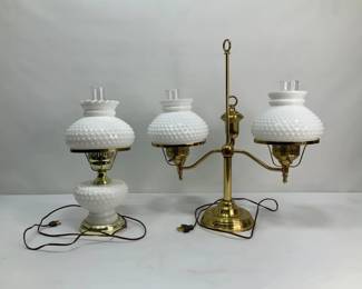 Hobnail Milk Glass Parlor Lamp & Double Arm Student Lamp