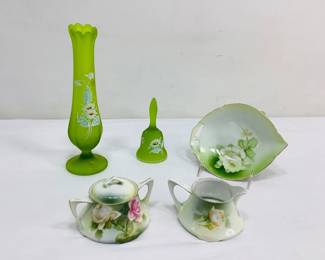 Westmoreland Green Satin Glass & German Porcelain