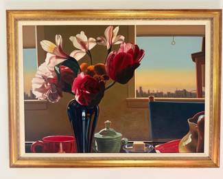 John Sayers oil  …very good piece.  $1000. “Flowers w City”. 41x55.  