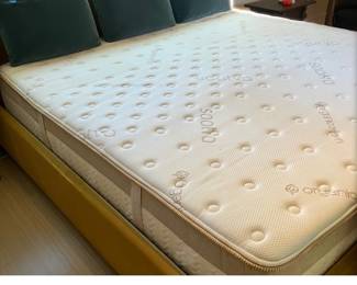 Beautiful yellow king velvet bed. WITHOUT MATRESS. BY Moe’s. Original cost $2400 asking $1300