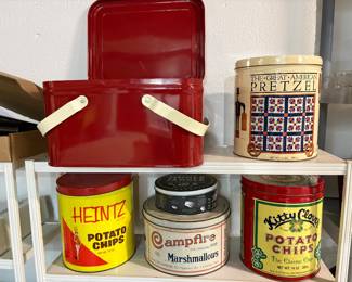 Vintage chip and pretzel tins available as well as an antique lunch box